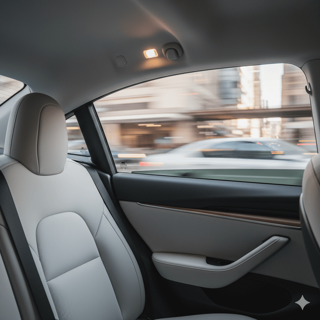 Passenger relaxing in the back seat of a premium vehicle